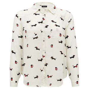 Torrid Madison Georgette Button-Up Long Sleeve Shirt Ivory with Dachshund, 2